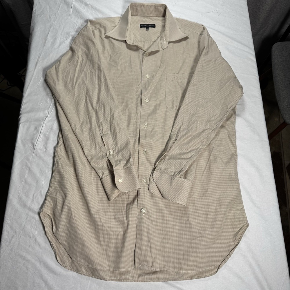 Robert Talbott Dress Shirt Mens 15.5-32 Tan Micro Check Good USA Preppy Business